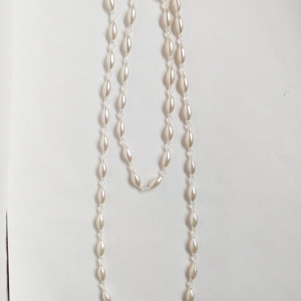 Vintage Double Strand Long Faux Pearl Lucite Crystal Bead Necklace 19" & 35"